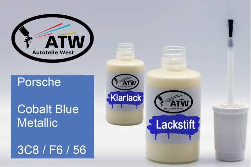 Porsche, Cobalt Blue Metallic, 3C8 / F6 / 56: 20ml Lackstift + 20ml Klarlack - Set, von ATW Autoteile West.